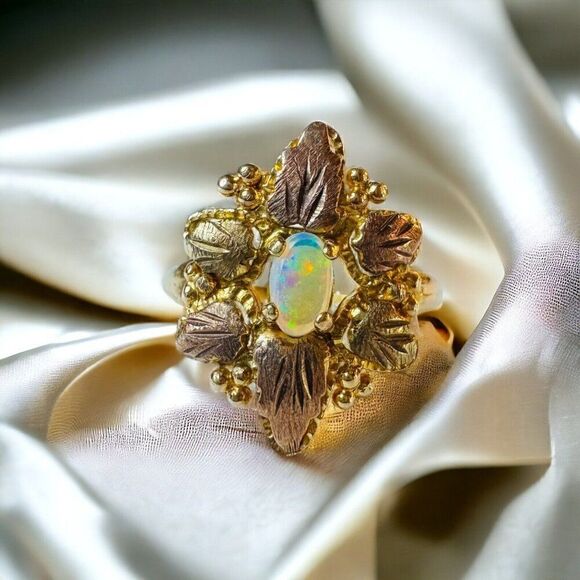 Antique 10k Gold Opal Ring Size 5.75 Victorian Era Flower Ring Leaf Ring 1.6g - Picture 5 of 15